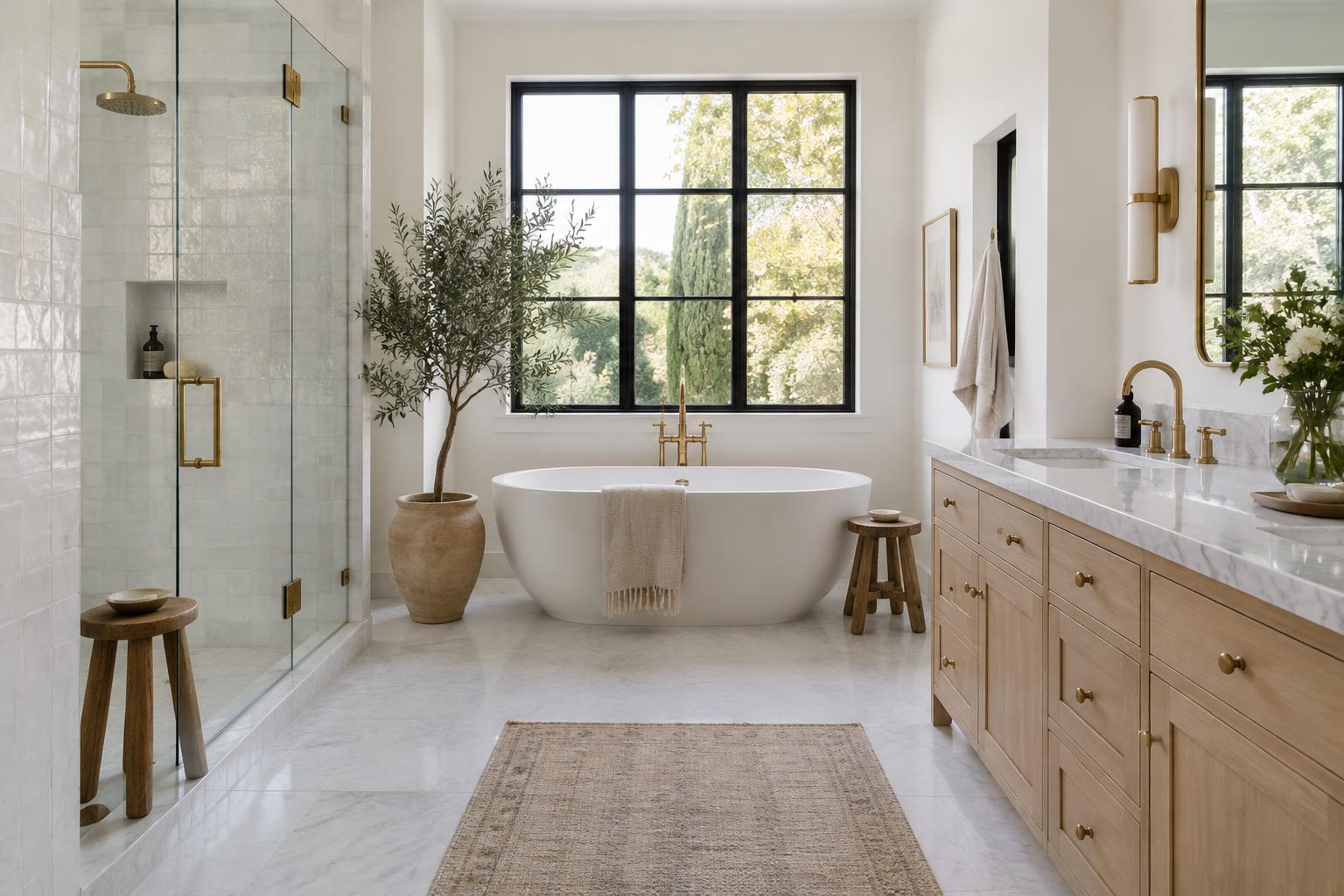 Marble bath with freestanding tub and brass fixtures