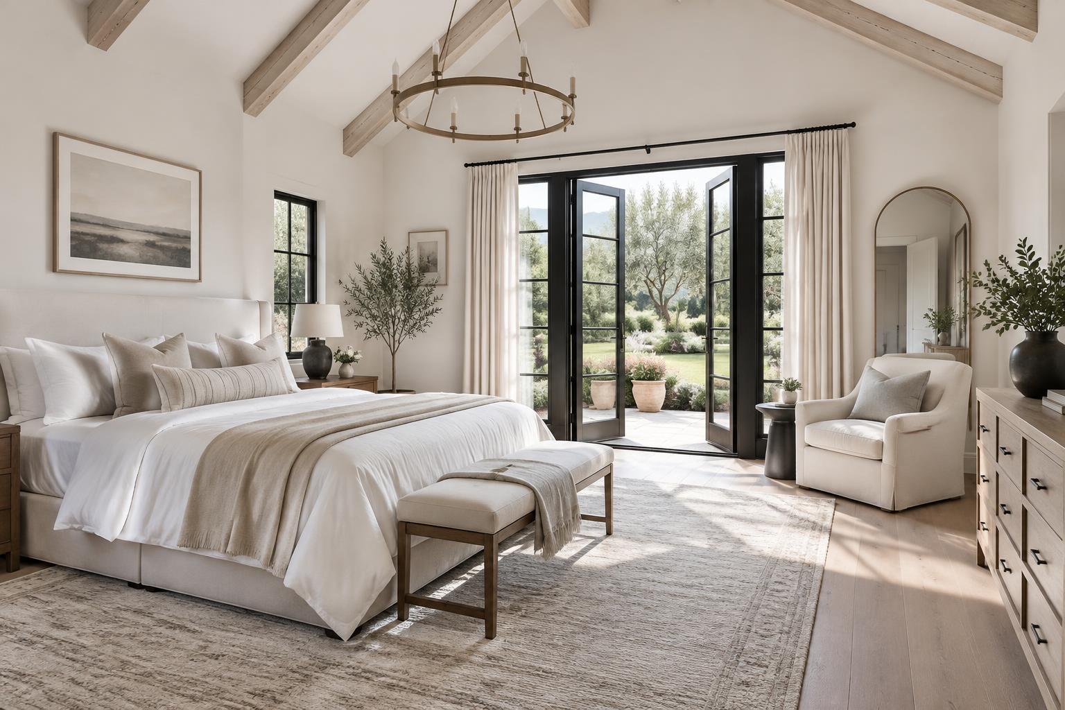 Bedroom in white linen with morning light