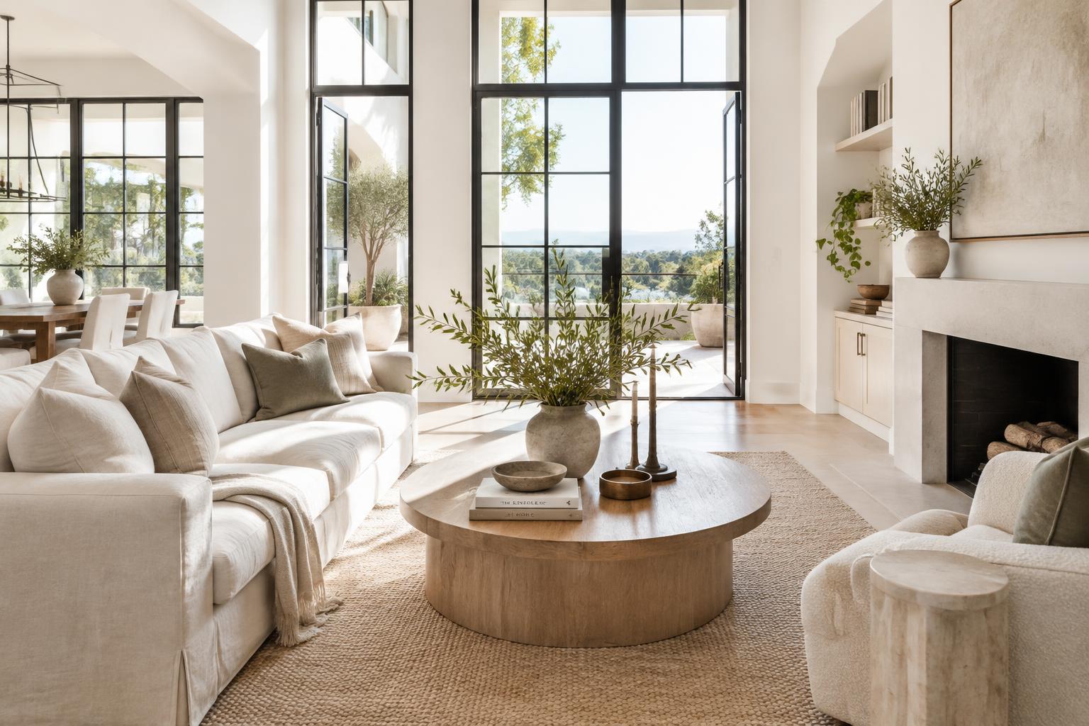 Sunlit living room with tall black-framed windows
