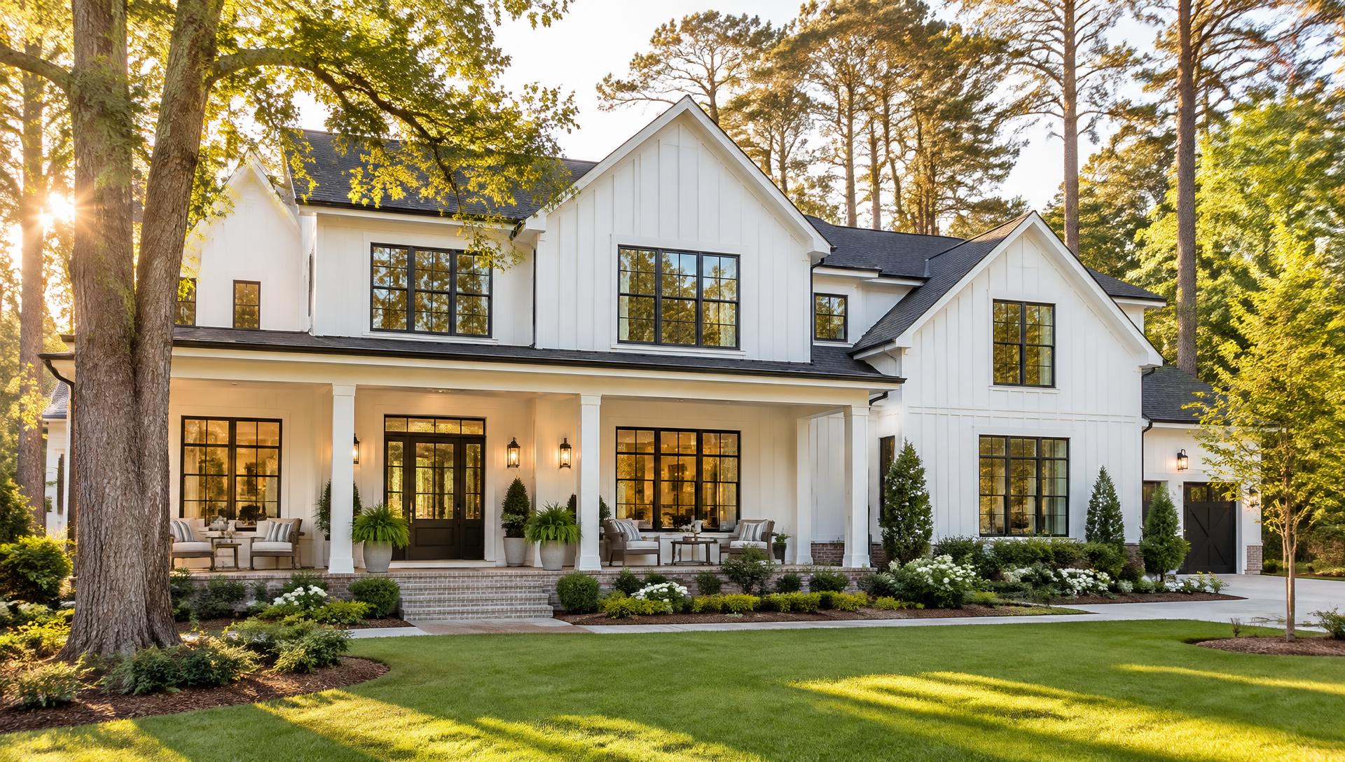 Brick colonial home in Raleigh at golden hour framed by pines