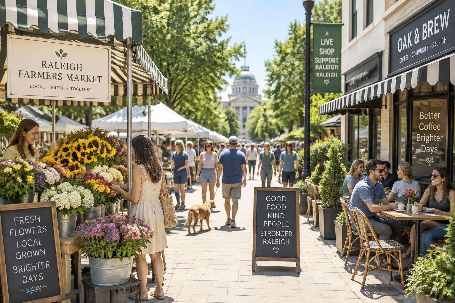 Sunny Raleigh street with cafes and market stalls